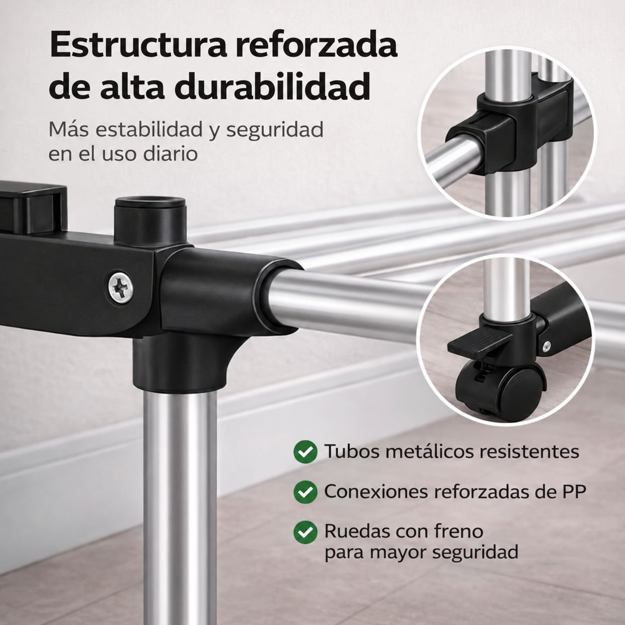 Detalle de los tubos, uniones y ruedas del tendedero