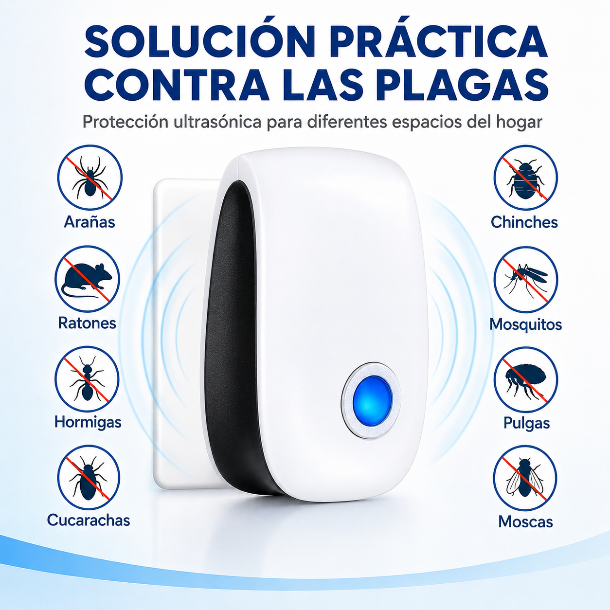 Solución práctica ultrasónica contra arañas, ratones, hormigas, cucarachas, chinches, mosquitos, pulgas y moscas