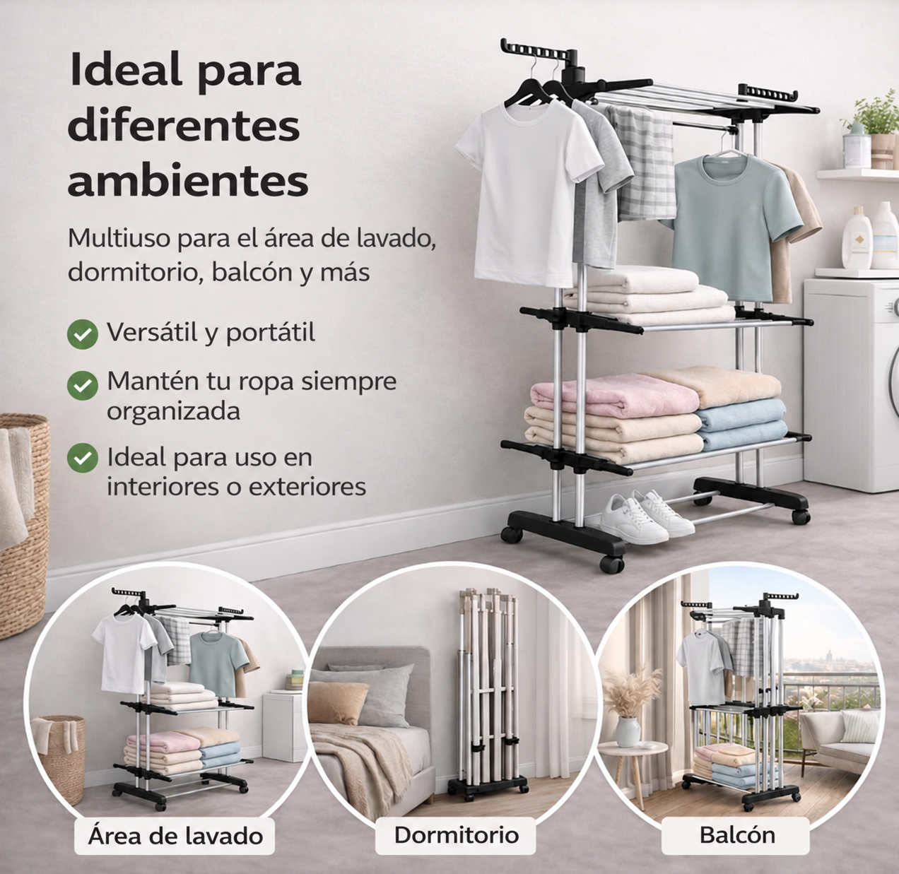 Tendedero en área de lavado, dormitorio y balcón