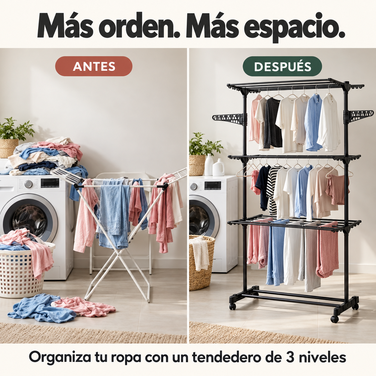 Antes y después: ropa organizada en un tendedero vertical
