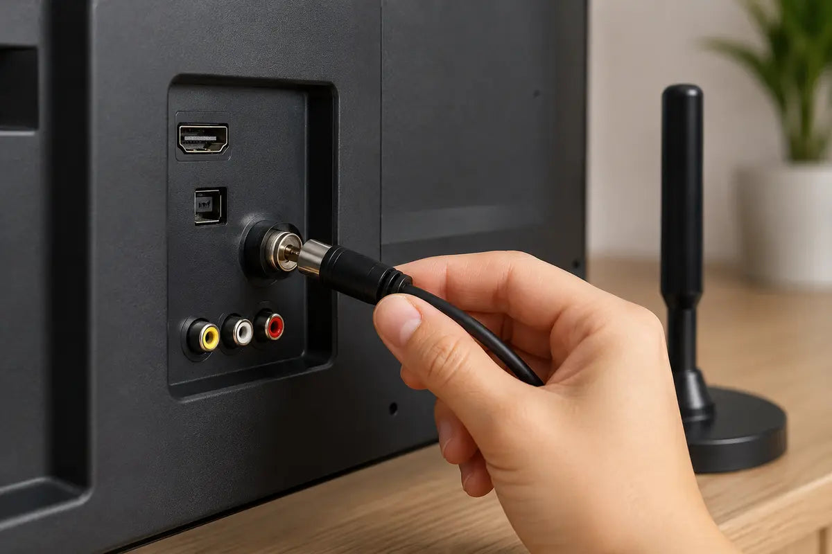 Conexión del cable coaxial de la antena TDT al televisor