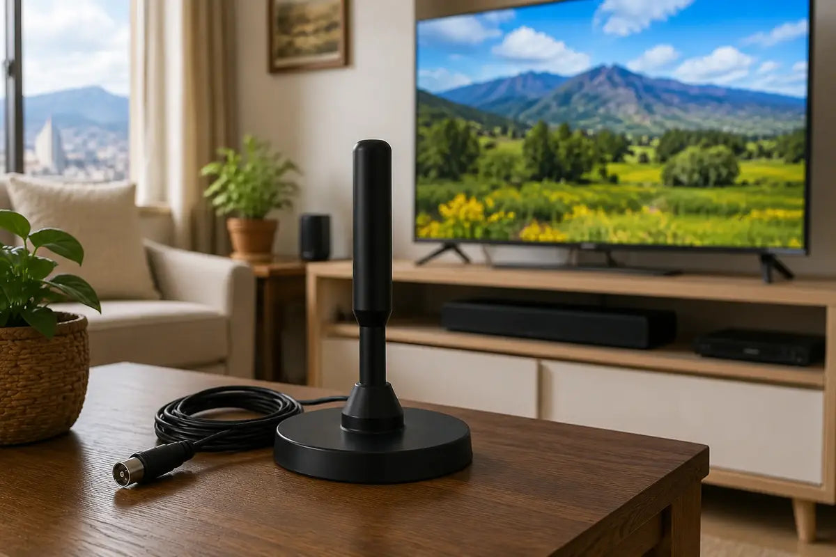 Antena TDT compacta en una sala junto al televisor