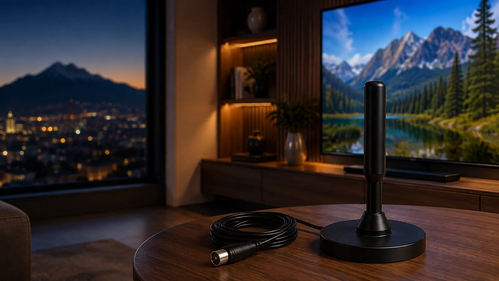Antena TDT HD en una sala moderna junto al televisor